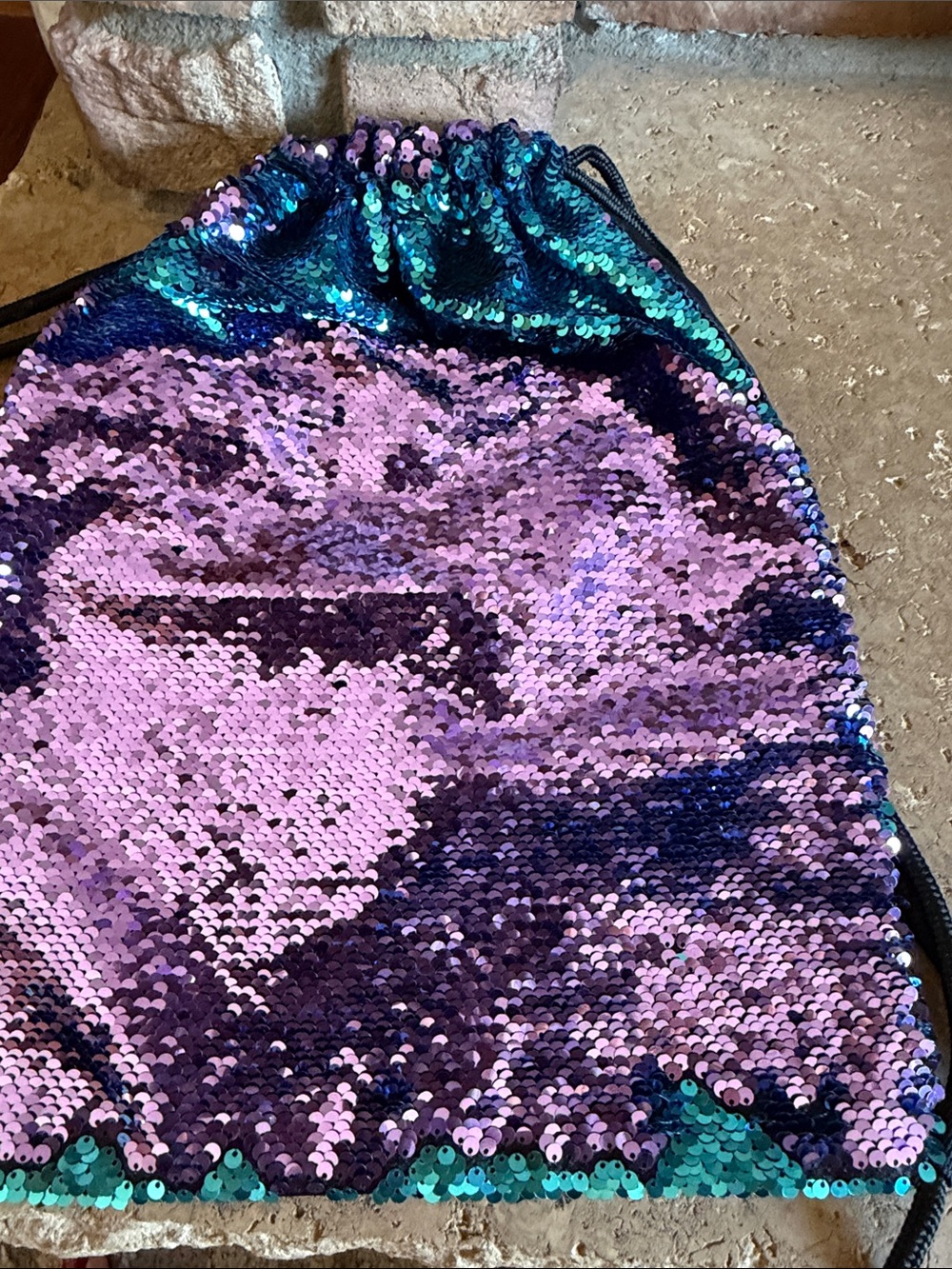 Mermaid Sequin Drawstring Backpack in Teal & Purple Reversable - Picture 8 of 8